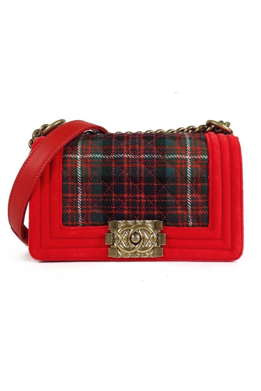 Chanel Boy Red Green Gold Tweed Velour Leather Plaid Shoulder Bag